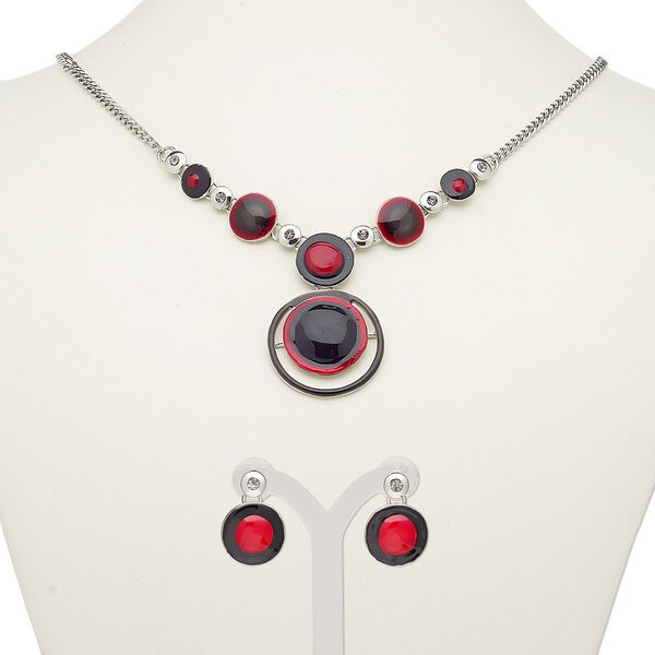 Necklace and earring set, enamel / glass rhinestone / silver-plated steel / "pewter" (zinc-based alloy), black / red / grey, 29mm round, 18-inch necklace with 2-inch extender chain and lobster claw clasp, 19mm earrings with post. Sold per set. image number 0
