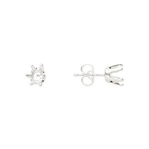 Earstud 1pkg2 Sure-Set™ sterling silver, 6mm round pre-notched 6-prong setting / earnuts, 1 pair