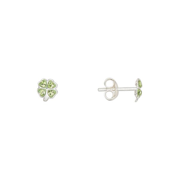Earstud sterling silver / Preciosa crystal 1pkg2, 6x5mm 4-leaf clover / earnuts included, Create Compliments® peridot 1 pair image number 0