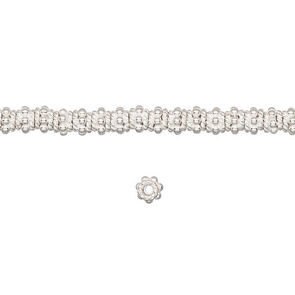 Bead, sterling silver, 4x3mm beaded rondelle. Sold per 1/4 troy ounce pkg, approximately 35-40 beads. image number 0