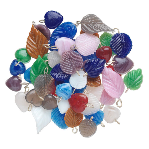 Drop mix, glass and silver-finished brass, multicolored, 11mm-22x15mm double-sided heart and leaf. Sold per 50-gram pkg, approximately 50-60 drops. image number 0