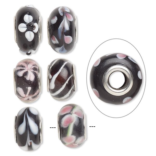 Bead, Dione®, lampworked glass and imitation rhodium-plated brass grommets, transparent black and opaque multicolored, 12x8mm-16x9mm rondelle with assorted designs. Sold per pkg of 6. image number 0