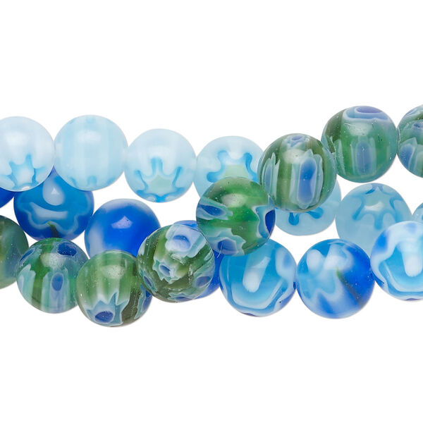 Bead, millefiori glass, translucent blue and multicolored, 8mm round. Sold per pkg of (3) 14-inch strands. image number 0