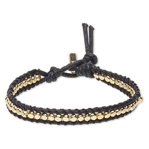 Bracelet, waxed cotton cord with gold-finished brass and steel, black, 8mm wide, 6-1/2 inches with a hex nut clasp. Sold individually.