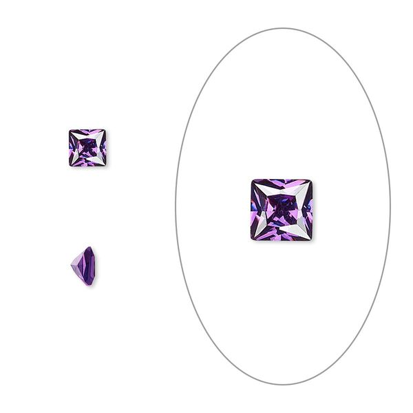 Gem, cubic zirconia, amethyst purple, 4mm faceted square, Mohs hardness 8-1/2. Sold per pkg of 2. image number 0