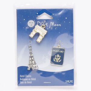 Charm mix, enamel / glass / antique silver- / antique gold-finished "pewter" (zinc-based alloy), dark blue and white, 18x16mm double-sided Arc de Triomphe / 22x16mm single-sided passport / 28x14mm single-sided Eiffel Tower. Sold per pkg of 3.