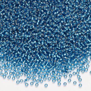 Seed bead, Miyuki, glass, pkg/35g, #15 rocaille, transparent silver-lined Capri blue (RR-25).