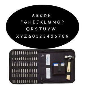 Stamp punch set, steel / wood / fabric, black, alphabetical uppercase letters A-Z / numbers 0-9 / "&" symbol, includes ball peen hammer and steel block. Sold per 40-piece set.