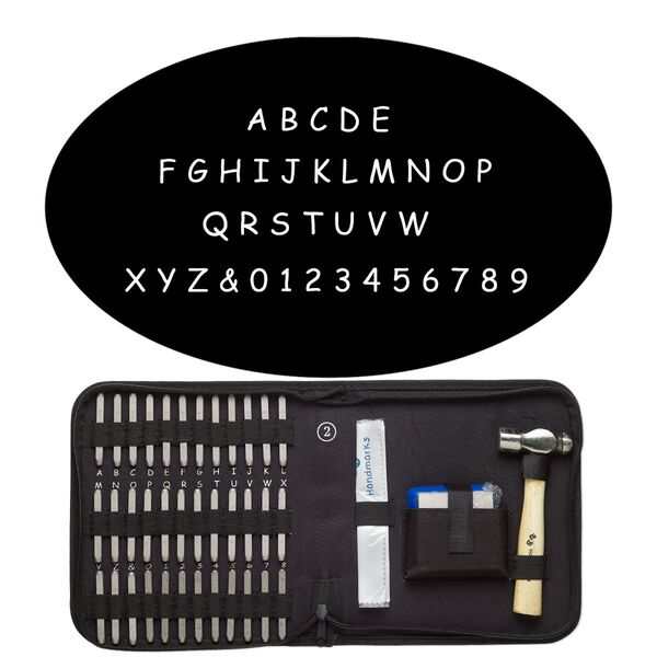 Stamp punch set, steel / wood / fabric, black, alphabetical uppercase letters A-Z / numbers 0-9 / "&" symbol, includes ball peen hammer and steel block. Sold per 40-piece set. image number 0