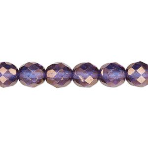 Bead, Czech fire-polished glass, purple and gold, 8mm faceted round. Sold per 15-1/2" to 16" strand, approximately 50 beads.