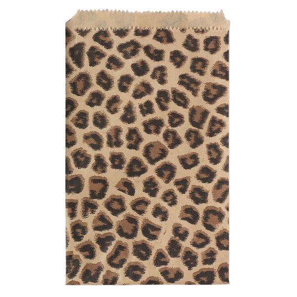 Bag, paper, light brown / dark brown / black, 6x4-inch rectangle with leopard print and scalloped top edge. Sold per pkg of 100. image number 0