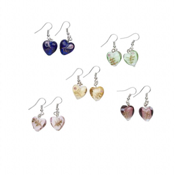 Earring mix, lampworked glass and silver-plated brass, multicolored, 15x15mm heart. Sold per pkg of 5 pairs. image number 0