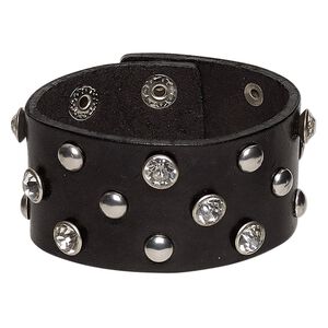 Bracelet, leather (dyed) / glass rhinestone / imitation rhodium-finished steel, black and clear, 37mm wide, adjustable at 5 and 6-1/2 inches with snap closure. Sold individually.