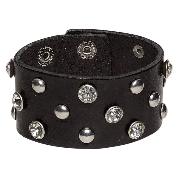 Bracelet, leather (dyed) / glass rhinestone / imitation rhodium-finished steel, black and clear, 37mm wide, adjustable at 5 and 6-1/2 inches with snap closure. Sold individually. image number 0