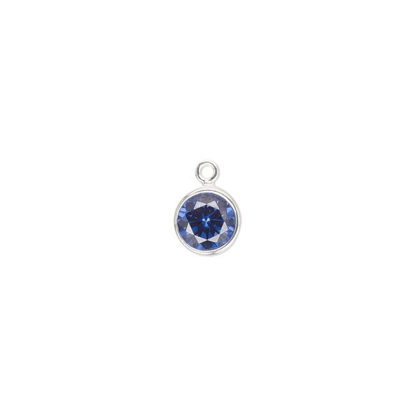 Drop, cubic zirconia and sterling silver, sapphire blue, 7mm faceted round. Sold individually. image number 0