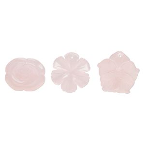 Focal mix, glass, translucent pink, 31x27mm-36x35mm top-drilled carved flower. Sold per pkg of 3.