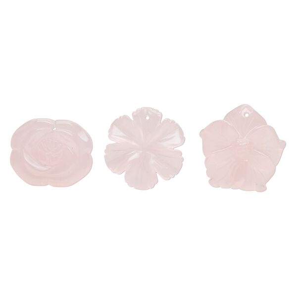Focal mix, glass, translucent pink, 31x27mm-36x35mm top-drilled carved flower. Sold per pkg of 3. image number 0