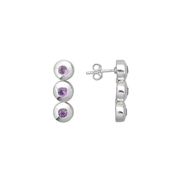 Earring, sterling silver and amethyst (natural), 3mm faceted round, 23x7mm. Sold per pair. image number 0