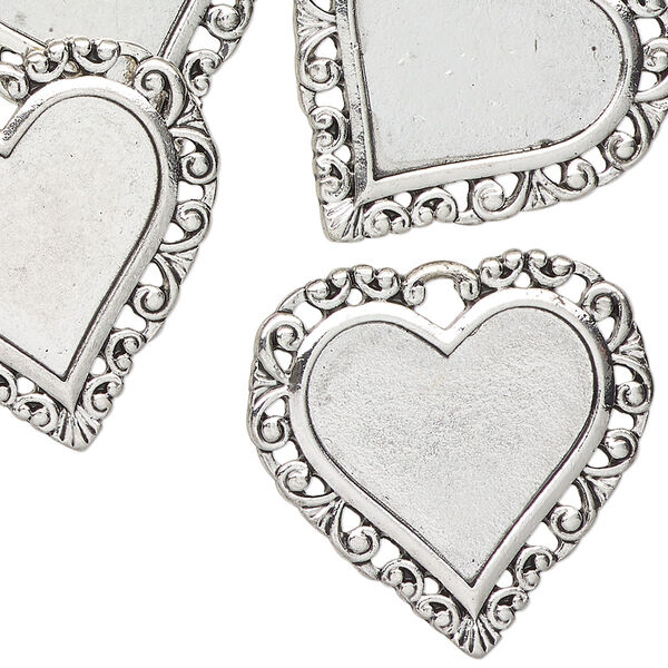 Charm, antique silver-finished "pewter" (zinc-based alloy), 28x24mm fancy heart, 19x17mm mount size. Sold per pkg of 6. image number 0