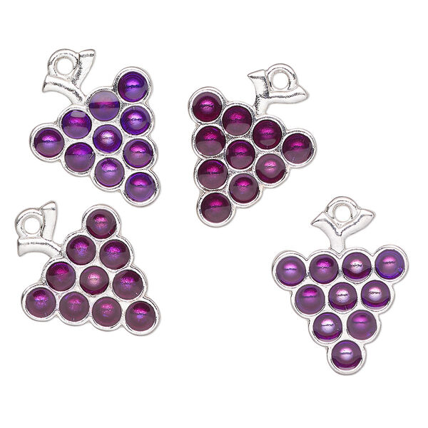 Charm, antique silver-finished enamel "pewter" (zinc-based alloy), purple, 19x17mm grapes. Sold per pkg of 4. image number 0