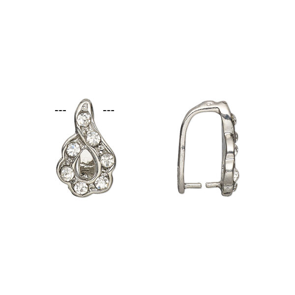 Bail, ice-pick, Egyptian glass rhinestone and imitation rhodium-plated brass, clear, 14x9mm flower, 11mm grip length. Sold per pkg of 6. image number 0
