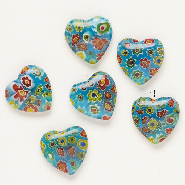 Bead, millefiori glass, translucent aqua and  multicolored, 16-18mm half-drilled puffed heart. Sold per pkg of 6. image number 0