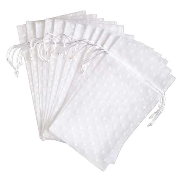 Pouch, flocked organza, white, 10x6 inches with dots pattern and drawstring closure. Sold per pkg of 12. image number 0