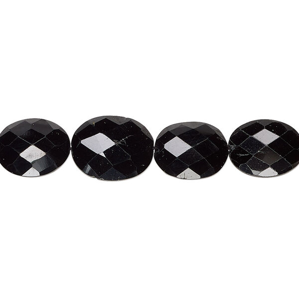 Bead, black spinel (natural), 10x8mm-12x10mm hand-cut faceted puffed oval, B+ grade, Mohs hardness 8. Sold per 5-1/2 inch strand, approximately 10 beads. image number 0
