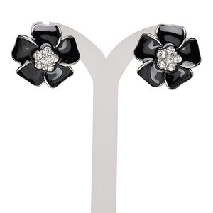 Earring, enamel / glass rhinestone / imitation rhodium-finished steel / "pewter" (zinc-based alloy), black and clear, 21x21mm flower with post. Sold per pair.
