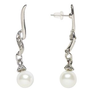 Earring, Everyday Jewelry, antique silver-finished "pewter" (zinc-based alloy) / glass / acrylic pearl, clear and white, 46mm with post. Sold per pair.