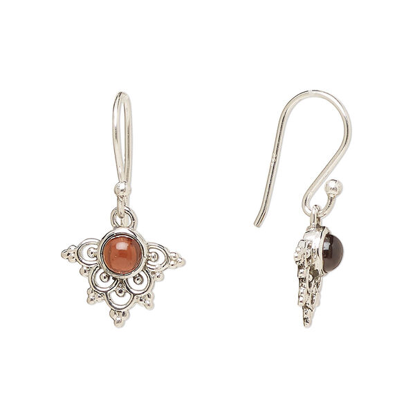 Ear wire, Create Compliments®, antiqued sterling silver and garnet (natural), fishhook, 24.5mm with 13x11mm single-sided beaded fancy arrowhead, 21 gauge. Sold per pair. image number 0
