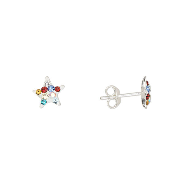 Earstud sterling silver / Preciosa crystal 1pkg2, 7.5mm star / earnuts included, Create Compliments® multicolored 1 pair image number 0