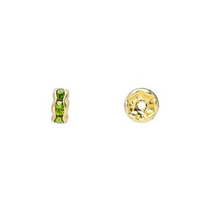 Bead, glass rhinestone and gold-finished brass, peridot green, 6x3mm rondelle. Sold per pkg of 10.