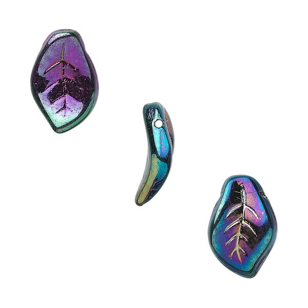 Bead, Czech pressed glass, iris purple, 14x9mm top-drilled leaf. Sold per 15-1/2" to 16" strand, approximately 60 beads. image number 0