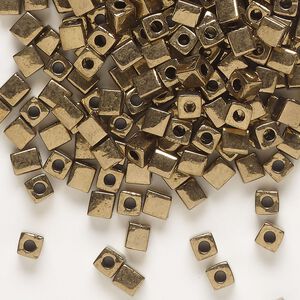 Seed bead, Miyuki, glass, pkg/25g, 3.5-3.7mm square, opaque metallic dark gold (SB-457).