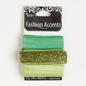 Ribbon assortment 1pkg3 nylon and elastic, green / speckled metallic / light green, 16mm flat, 24-inch sections.