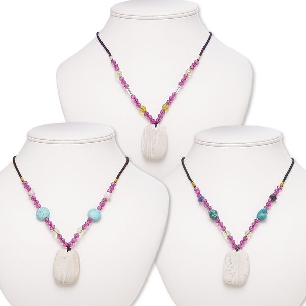Multi-gemstone / acrylic / glass 1pkg3, barrel pendant necklace mix continuous loop 20-24 inch 39x28mm-40x29mm image number 0