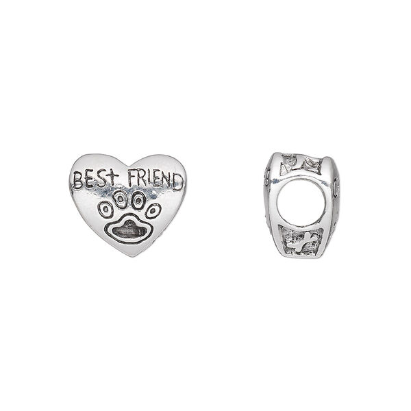 Bead, antique silver-plated pewter (tin-based alloy), 12.5x11mm double-sided heart with "BEST FRIEND" and paw print. Sold individually. image number 0