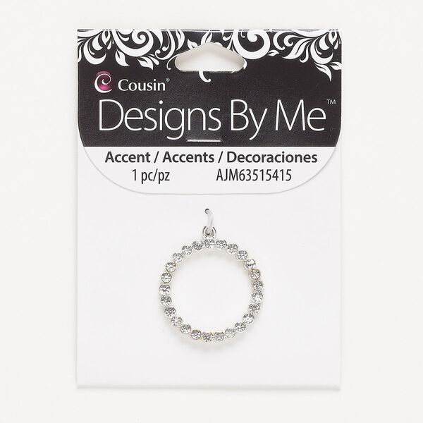 Drop, silver-finished "pewter" (zinc-based alloy) and glass, clear, 28mm single-sided open round. Sold individually. image number 0