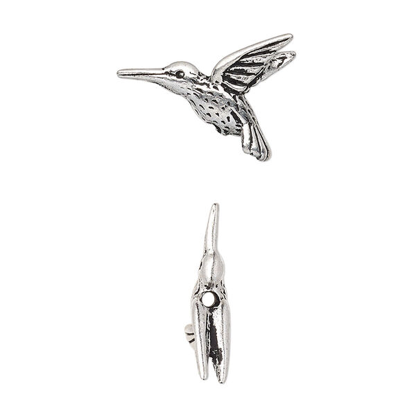 Bead, TierraCast®, antique silver-plated pewter (tin-based alloy), 19x14mm 3D hummingbird. Sold per pkg of 20. image number 0