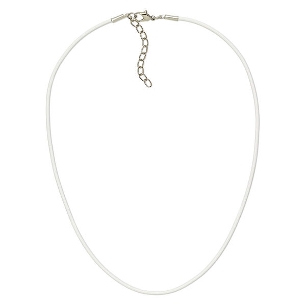 Necklace cord, leather and imitation rhodium-plated brass and steel, white, 2mm round, 18 inches with 2-inch extender chain and lobster claw clasp. Sold per pkg of 6. image number 0
