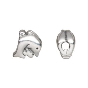 Bead, antiqued fine silver, electroformed, 14x13mm dolphin. Sold individually.