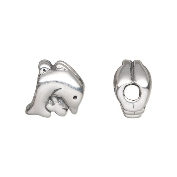 Bead, antiqued fine silver, electroformed, 14x13mm dolphin. Sold individually. image number 0