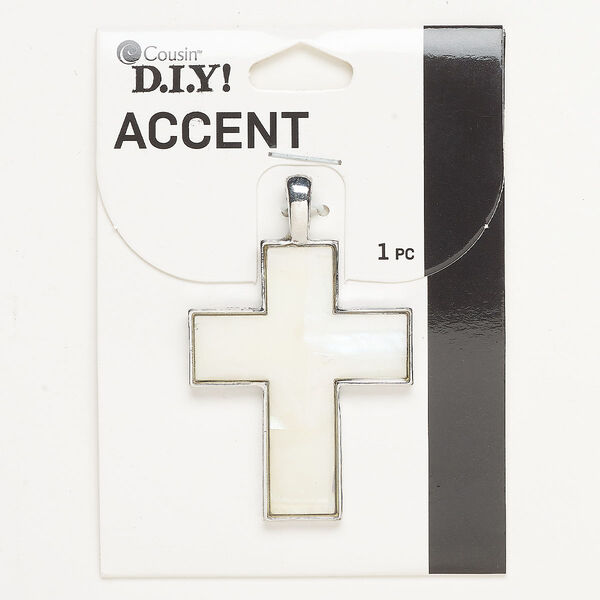 Focal, brass (bleached) and mother-of-pearl shell (bleached), pkg/1, silver finish, 49x38mm cross. image number 0
