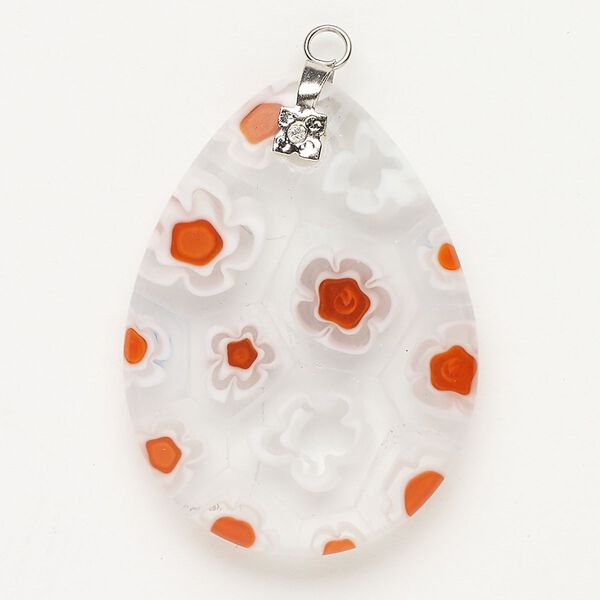 Focal 1pkg1 silver-finished steel and millefiori glass, translucent and transparent clear / white / red-orange, 39x30mm-40x30mm puffed teardrop. image number 0