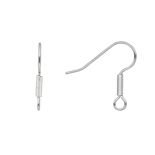 Ear wire, stainless steel and silver-finished brass, 19mm fishhook with 6x2mm coil and open loop, 21 gauge. Sold per pkg of 25 pairs. image number 0