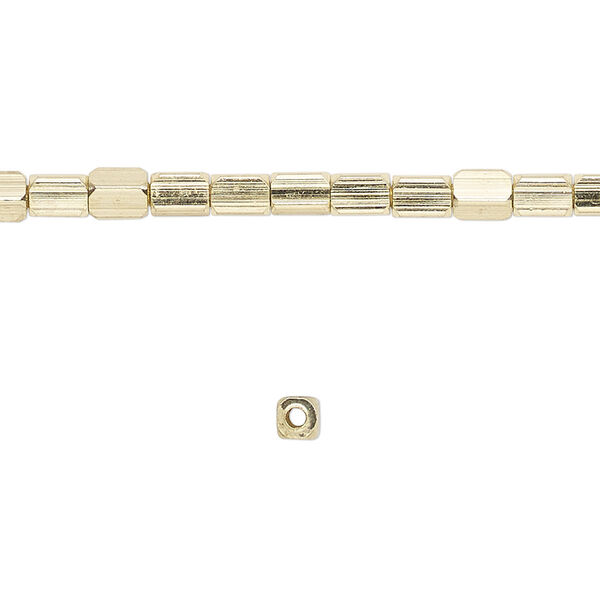 Bead, brass-finished "pewter" (zinc-based alloy), 4x3mm rounded cube. Sold per 8-inch strand. image number 0