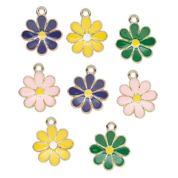 Charm, gold-finished "pewter" (zinc-based alloy) and enamel, gold / white / pink / yellow / purple, 16mm flower, 2 of each color. Sold per pkg of 8. image number 0