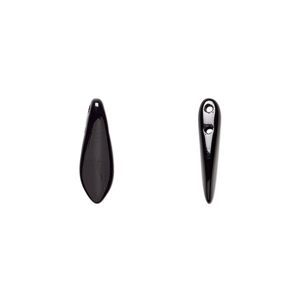 Bead, Czech pressed glass, opaque black, 16x5mm top-drilled dagger with 2 holes. Sold per pkg of 20. image number 0