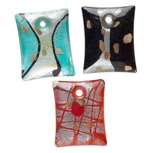 Random focal mix, lampworked glass, translucent mixed colors, 36x35mm-55x41mm puffed rectangle with copper-colored glitter and silver-colored foil. Sold per pkg of 3.